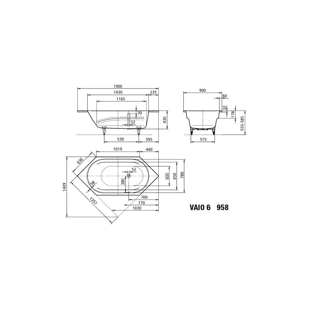 Kaldewei Badewanne Vaio 6 Sechseck 430x900x1900mm 145l Manhattan m. ÜL, o. Antis... KALDEWEI-233800010199 4001112562253 (Abb. 3)