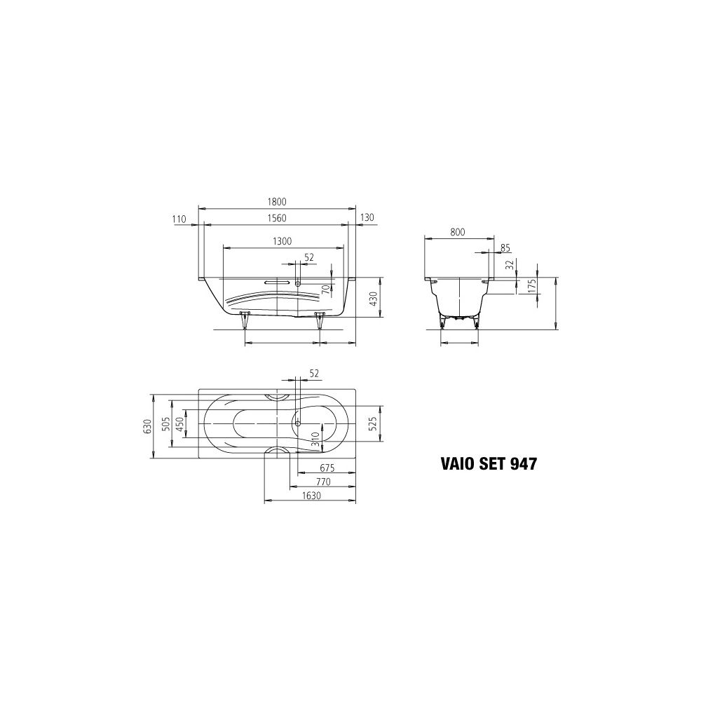 Kaldewei Badewanne Vaio Set Star rechteckig 430x800x1800mm 135l Schwarz m. Antis... KALDEWEI-234730003701 4063727148208 (Abb. 3)