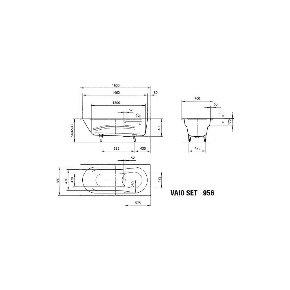 Kaldewei Badewanne Vaio Set rechteckig 430x700x1600mm 100l Schwarz m. S-ÜL, o. A... KALDEWEI-233623000701 4063727751668 (Abb. 3)