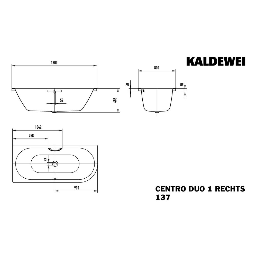Kaldewei Badewanne Centro Duo 1 Kombi.-Form 485x800x1800mm Rechts 195l Alpinweiß... KALDEWEI-283700013001 4001112821756 (Abb. 3)