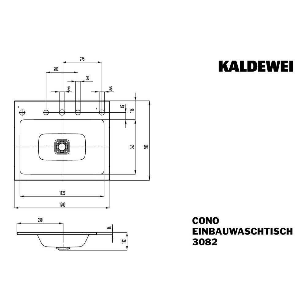Kaldewei Einbauwaschtisch Cono rechteckig 112x500x1200mm, Cool Grey 30, 3 HL, oh... KALDEWEI-901806033663 4063728474931 (Abb. 2)