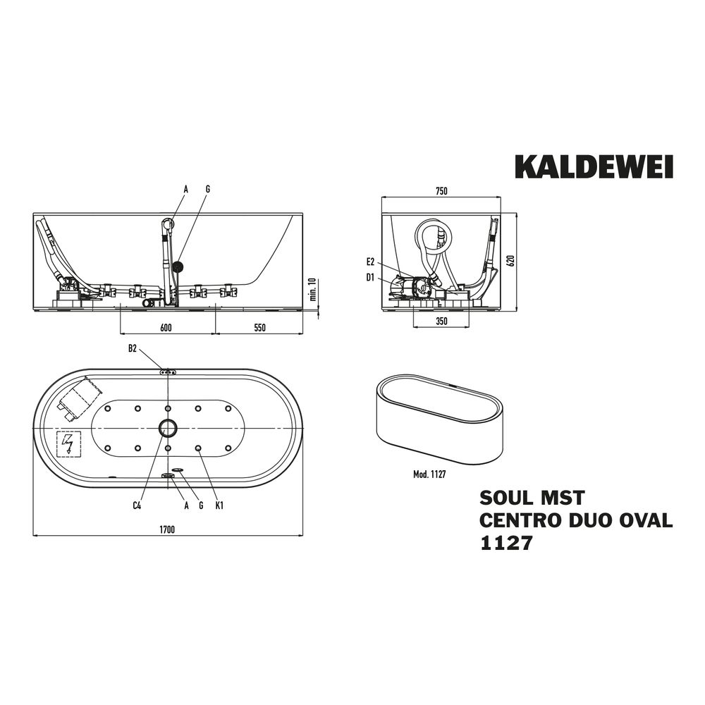 Kaldewei Badewanne Centro Duo Whirl Soul oval 485x750x1700mm Links 156l Alpinwei... KALDEWEI-200160593001 4063728640305 (Abb. 3)