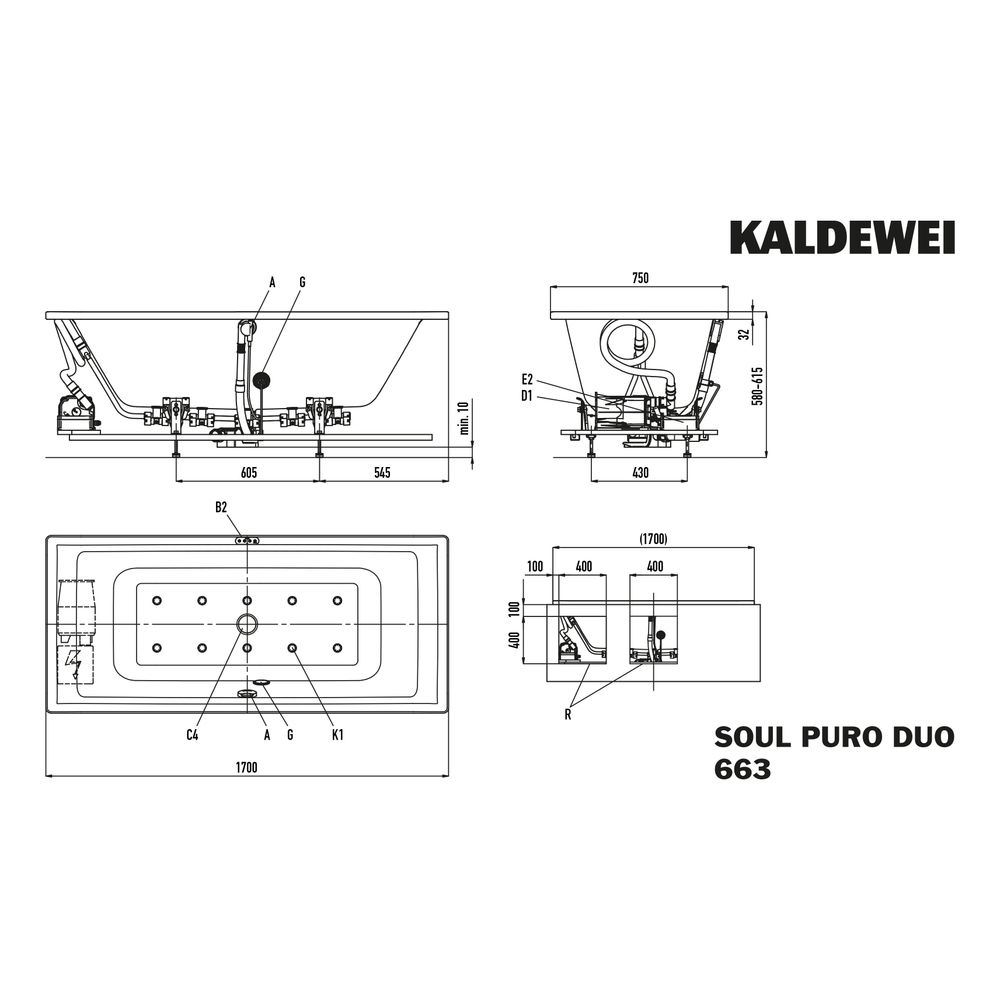 Kaldewei Badewanne Puro Duo Whirl Soul rechteckig 420x750x1700mm Rechts 122l Alp... KALDEWEI-266360543001 4055761273985 (Abb. 3)