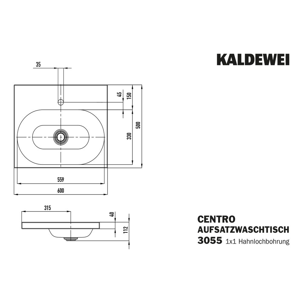 Kaldewei Aufsatzwaschtisch Centro rechteckig 112x500x600mm, Alpinweiß Matt, 1 HL... KALDEWEI-902806013711 4055761132404 (Abb. 3)