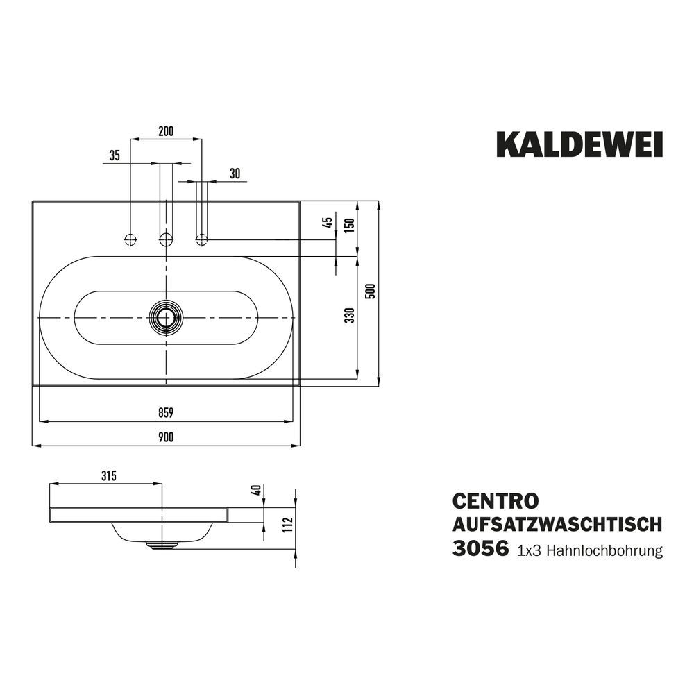 Kaldewei Aufsatzwaschtisch Centro rechteckig 112x500x900mm, Alpinweiß Matt, 3 HL... KALDEWEI-902906033711 4063727165564 (Abb. 3)