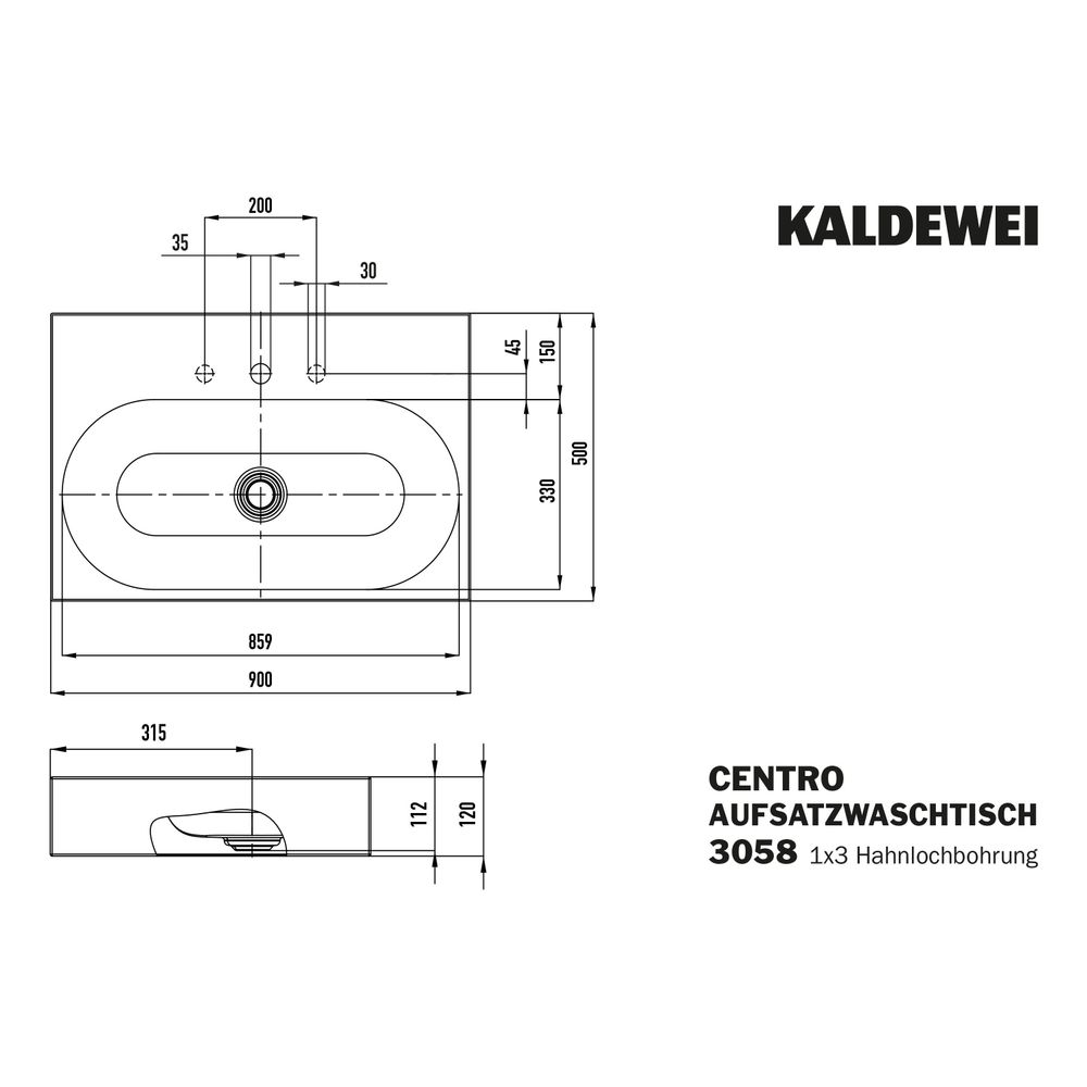 Kaldewei Aufsatzwaschtisch Centro rechteckig 120x500x900mm Rh. 120mm, Alpinweiß,... KALDEWEI-903106033001 4001112983331 (Abb. 3)
