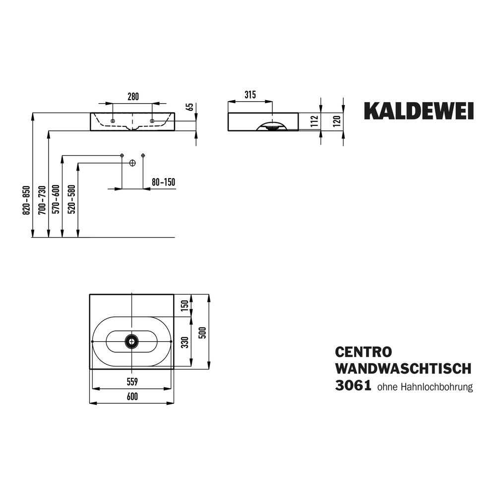 Kaldewei Wandwaschtisch Centro rechteckig 120x500x600mm, Alpinweiß, ohne HL, ohn... KALDEWEI-903406003001 4001112962534 (Abb. 3)