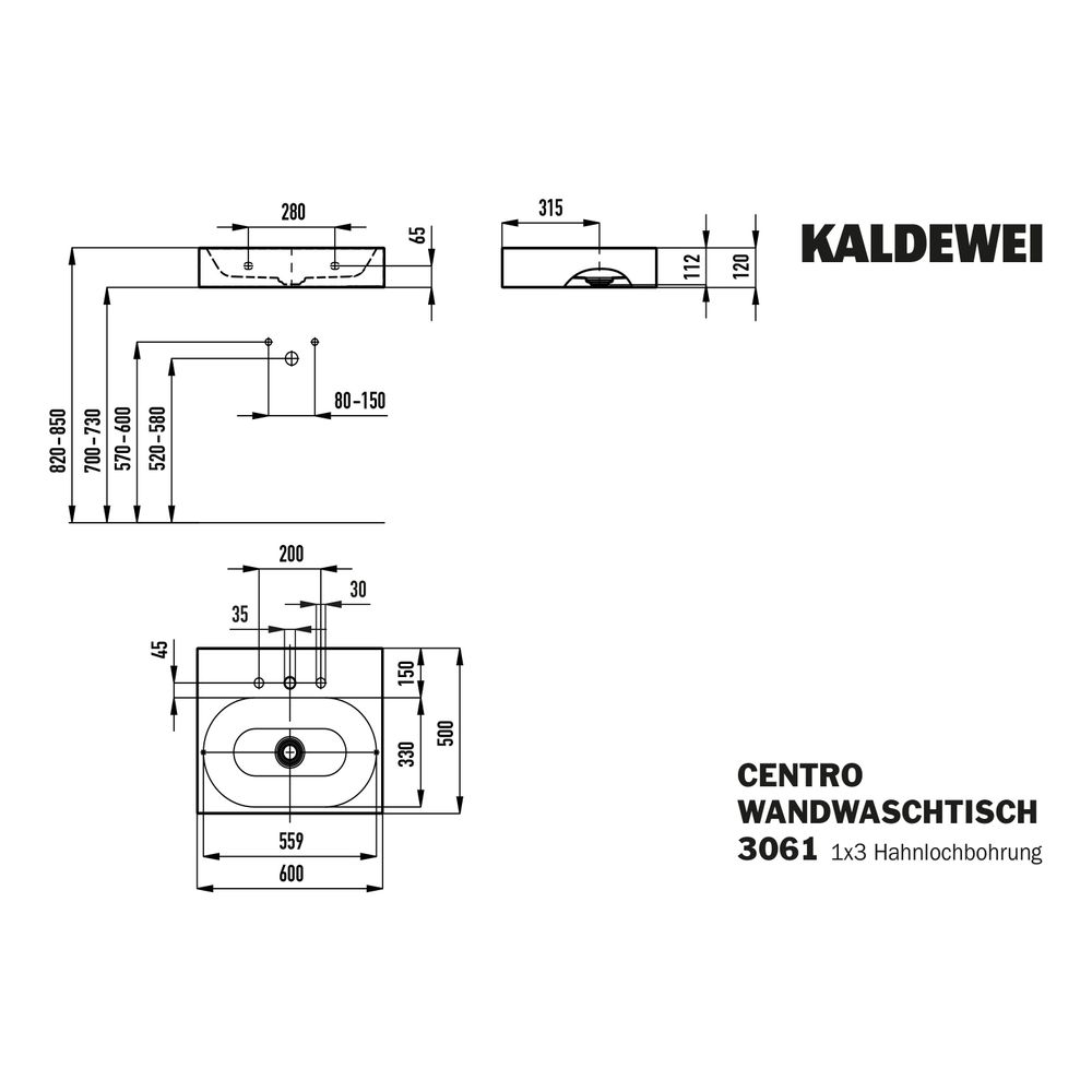Kaldewei Wandwaschtisch Centro rechteckig 120x500x600mm, Alpinweiß, 3 HL, ohne Ü... KALDEWEI-903406033001 4001112983355 (Abb. 3)