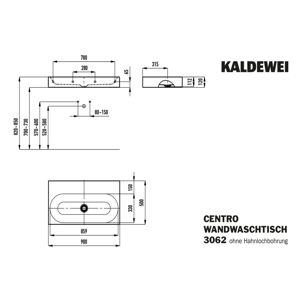 Kaldewei Wandwaschtisch Centro rechteckig 120x500x900mm, Alpinweiß, ohne HL, ohn... KALDEWEI-903506003001 4001112962541 (Abb. 3)