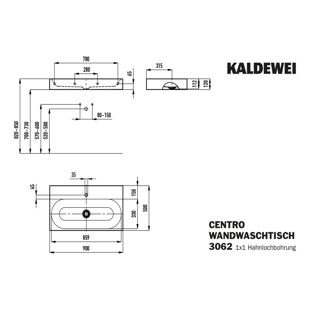 Kaldewei Wandwaschtisch Centro rechteckig 120x500x900mm, Alpinweiß, 1 HL, ohne Ü... KALDEWEI-903506013001 4001112974568 (Abb. 3)
