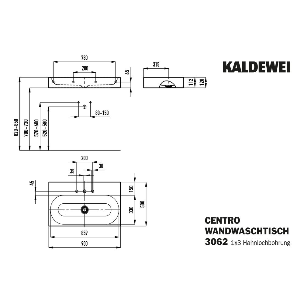 Kaldewei Wandwaschtisch Centro rechteckig 120x500x900mm, Alpinweiß, 3 HL, ohne Ü... KALDEWEI-903506033001 4001112983362 (Abb. 3)