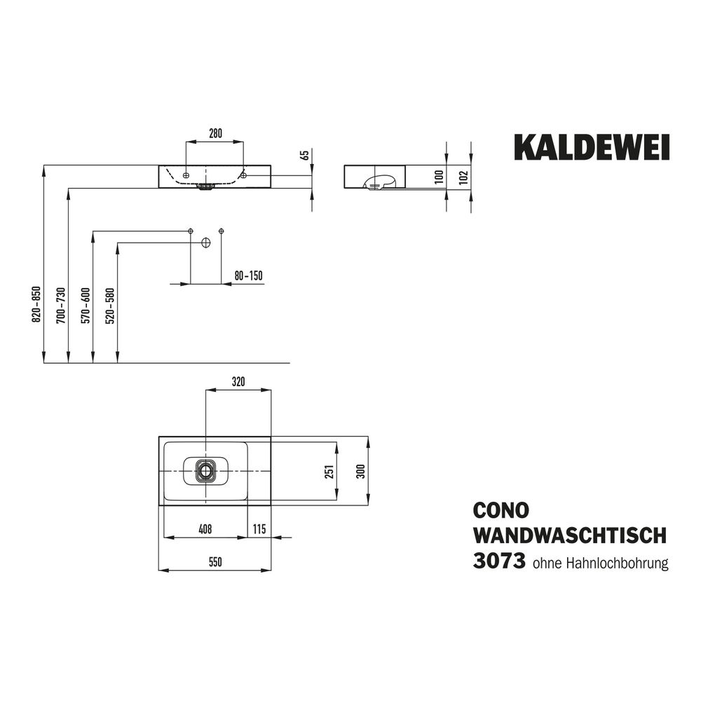 Kaldewei Wand-Handwaschtisch Cono rechteckig 102x300x550mm, Warm Grey 60, rechts... KALDEWEI-908006003671 4063728105880 (Abb. 3)