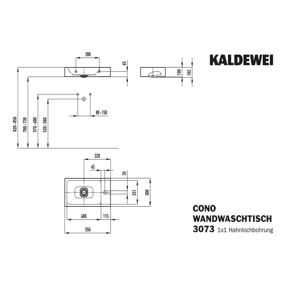 Kaldewei Wand-Handwaschtisch Cono rechteckig 102x300x550mm, Cool Grey 30, links,... KALDEWEI-908006393663 4055761265584 (Abb. 3)