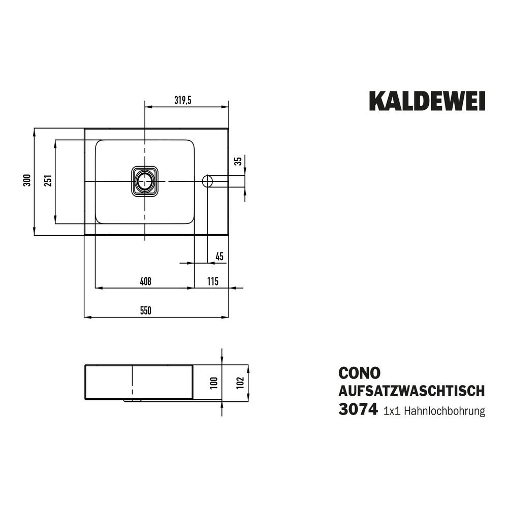 Kaldewei Aufsatz-Handwaschtisch Cono rechteckig 102x300x550mm, Cool Grey 70, 1 H... KALDEWEI-908106013665 4063728400350 (Abb. 3)