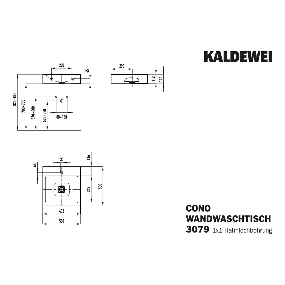 Kaldewei Wandwaschtisch Cono rechteckig 120x500x500mm, Cool Grey 90, 1 HL, ohne ... KALDEWEI-908606013667 4063728005944 (Abb. 3)
