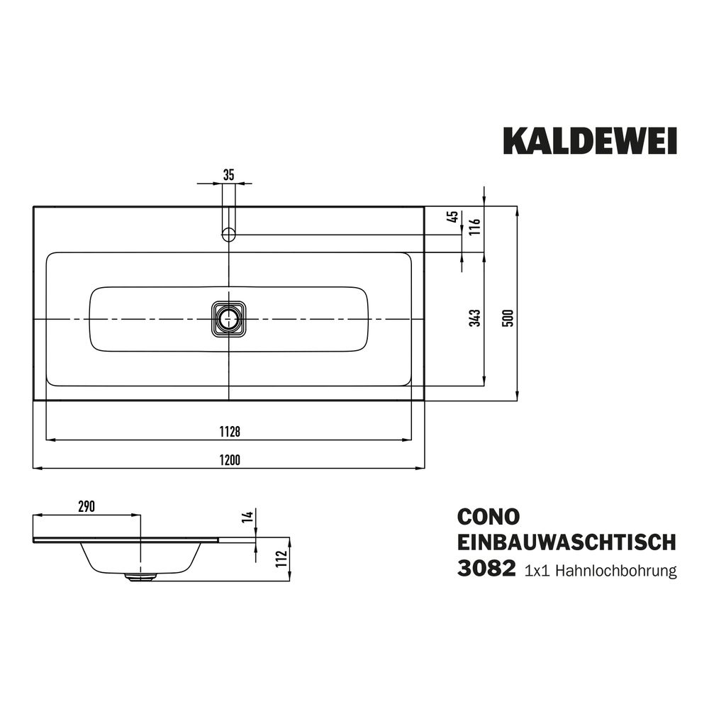 Kaldewei Einbauwaschtisch Cono rechteckig 112x500x1200mm, Alpinweiß, 1 HL, ohne ... KALDEWEI-901806013001 4055761014878 (Abb. 3)