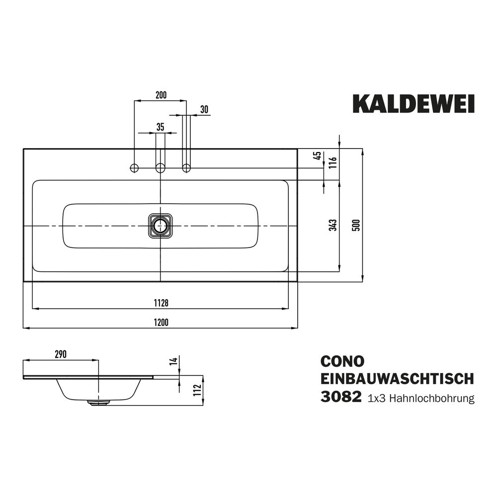 Kaldewei Einbauwaschtisch Cono rechteckig 112x500x1200mm, Alpinweiß, 3 HL, ohne ... KALDEWEI-901806033001 4055761012201 (Abb. 3)