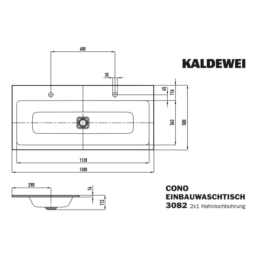 Kaldewei Einbau-Doppelwaschtisch Cono rechteckig 112x500x1200mm, Cool Grey 90, 2... KALDEWEI-901806043667 4055761282055 (Abb. 3)