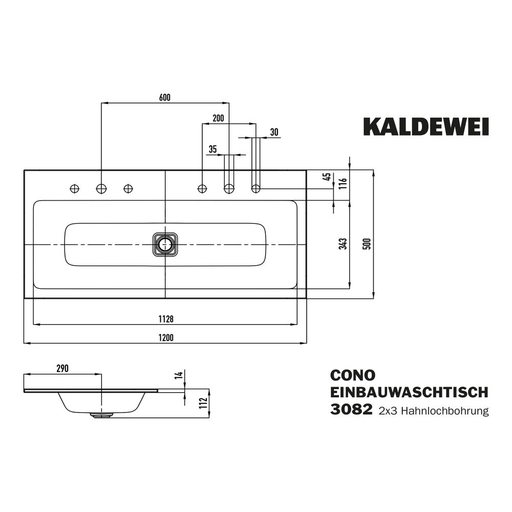 Kaldewei Einbau-Doppelwaschtisch Cono rechteckig 112x500x1200mm, Schwarz, 6 HL, ... KALDEWEI-901806053701 4063727713475 (Abb. 3)