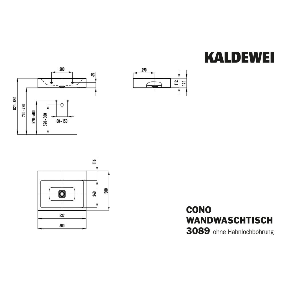 Kaldewei Wandwaschtisch Cono rechteckig 120x500x600mm, Cool Grey 70, ohne HL, oh... KALDEWEI-902506003665 4063728006033 (Abb. 3)