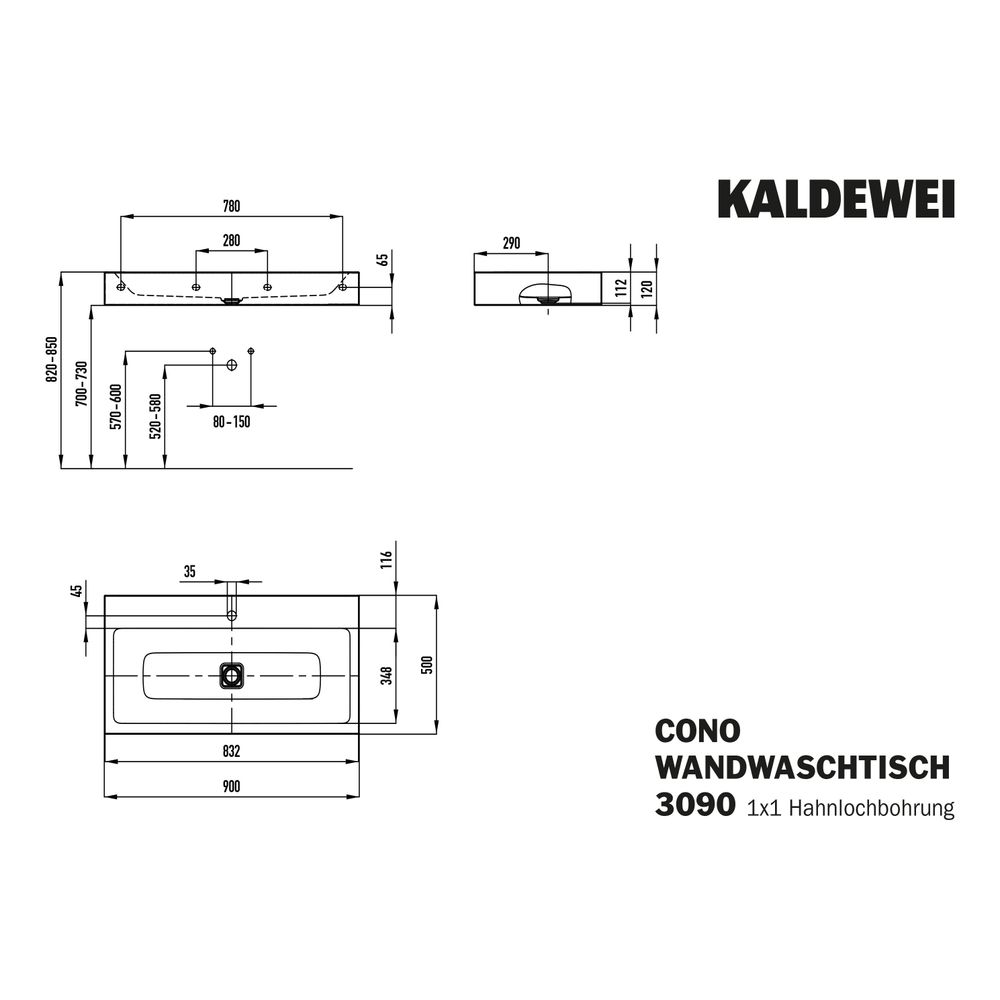 Kaldewei Wandwaschtisch Cono rechteckig 120x500x900mm, Warm Grey 10, 1 HL, ohne ... KALDEWEI-902606013668 4063728006255 (Abb. 3)