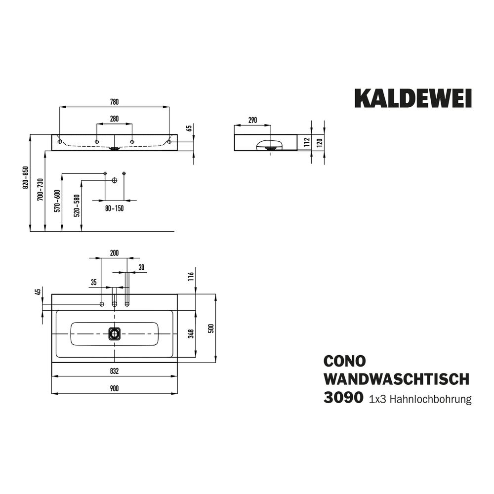 Kaldewei Wandwaschtisch Cono rechteckig 120x500x900mm, Cool Grey 90, 3 HL, ohne ... KALDEWEI-902606033667 4063728006293 (Abb. 3)