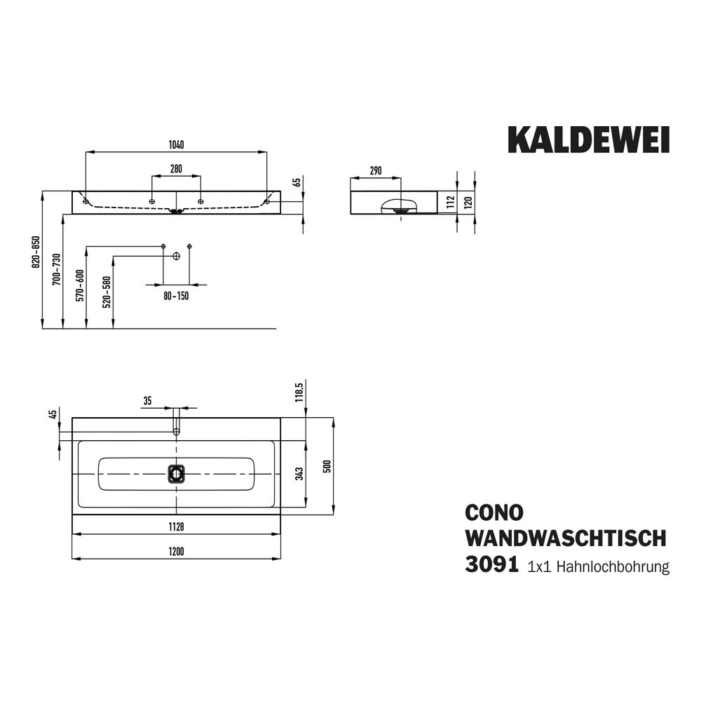 Kaldewei Wandwaschtisch Cono rechteckig 120x500x1200mm, Alpinweiß, 1 HL, ohne ÜL... KALDEWEI-902706013001 4055761014885 (Abb. 3)
