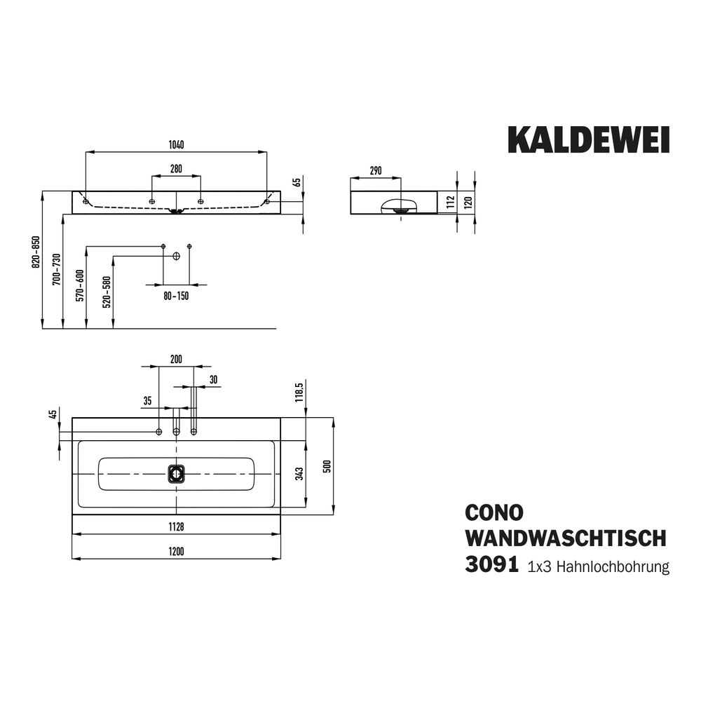 Kaldewei Wandwaschtisch Cono rechteckig 120x500x1200mm, Alpinweiß, 3 HL, ohne ÜL... KALDEWEI-902706033001 4055761012225 (Abb. 3)
