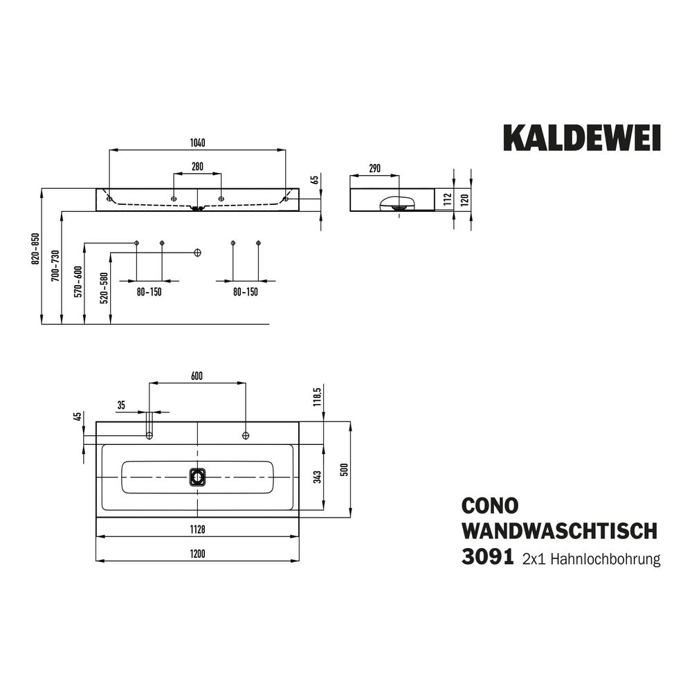 Kaldewei Wand-Doppelwaschtisch Cono rechteckig 120x500x1200mm, Cool Grey 70, 2 H... KALDEWEI-902706043665 4055761292900 (Abb. 2)