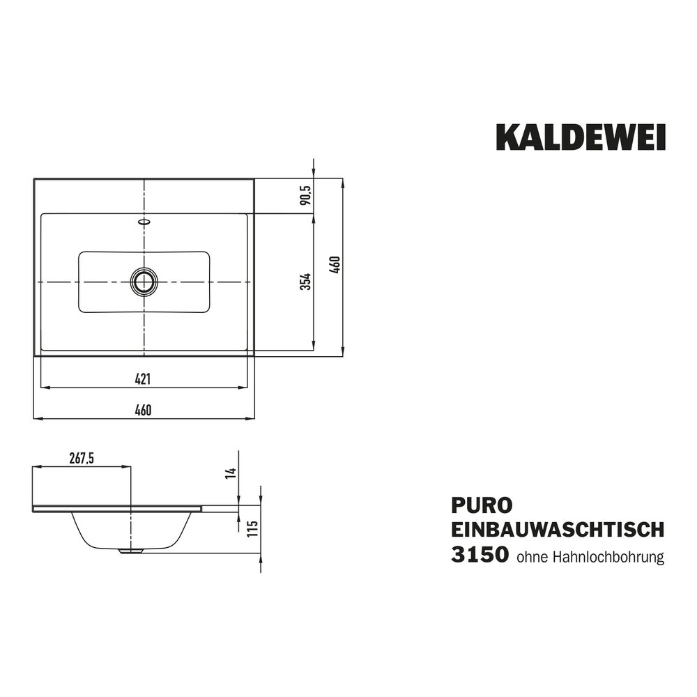 Kaldewei Einbauwaschtisch Puro rechteckig 115x460x460mm, Pergamon/Mattschwarz, o... KALDEWEI-900007253231 4063728858700 (Abb. 3)