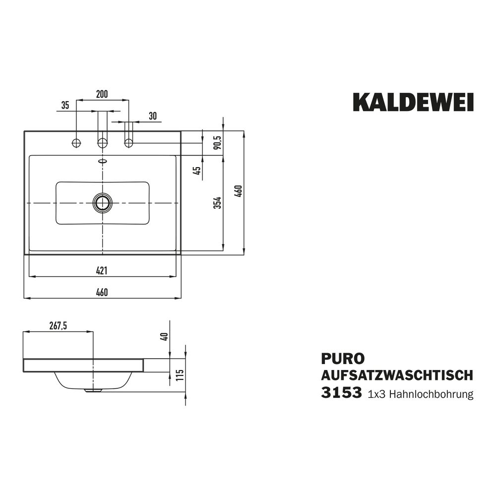 Kaldewei Aufsatzwaschtisch Puro rechteckig 115x460x460mm Rh. 40mm, Alpinweiß/Chr... KALDEWEI-900306033001 4001112982945 (Abb. 3)
