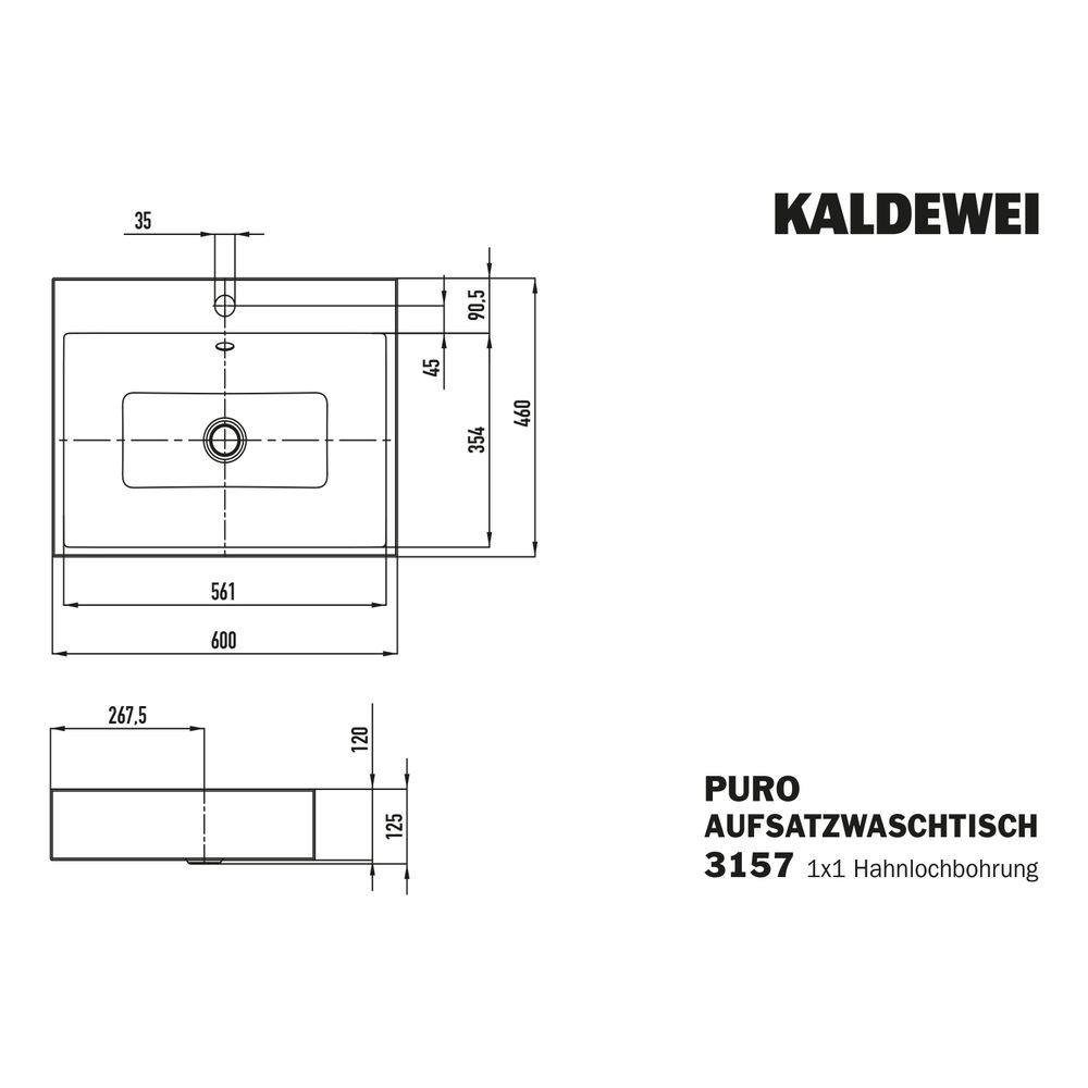Kaldewei Aufsatzwaschtisch Puro rechteckig 125x460x600mm Rh. 120mm, Pergamon/Chr... KALDEWEI-900706013231 4055761115421 (Abb. 3)