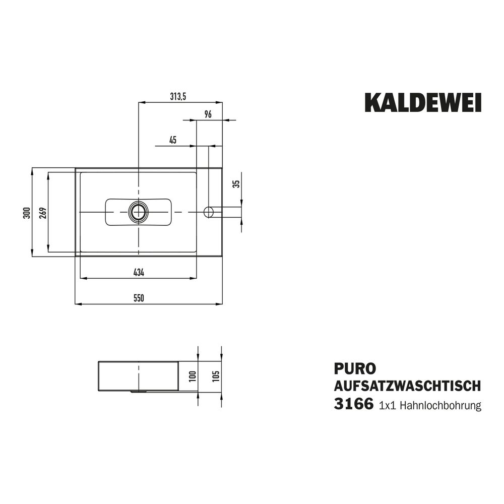 Kaldewei Aufsatz-Handwaschtisch Puro rechteckig 105x300x550mm, Schwarz, 1 HL, oh... KALDEWEI-906906013701 4055761098397 (Abb. 3)