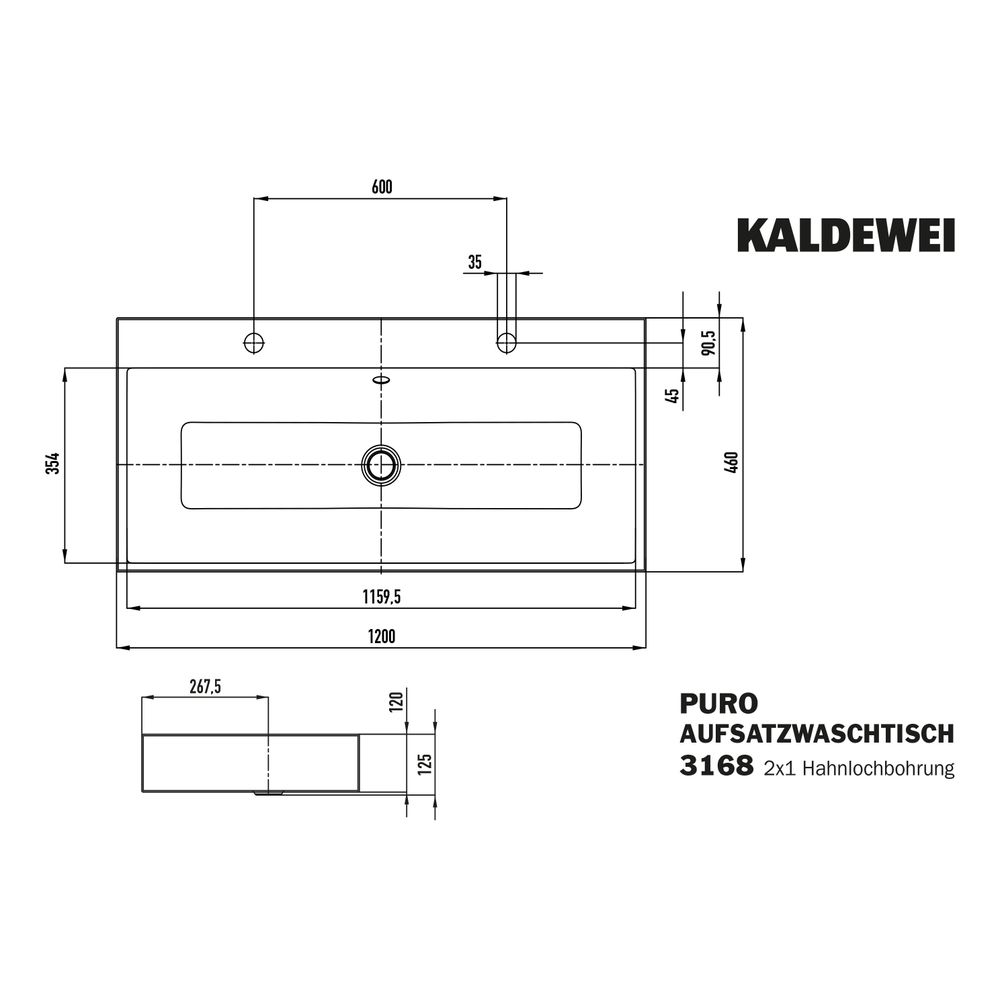 Kaldewei Aufsatz-Doppelwaschtisch Puro rechteckig 125x460x1200mm Rh. 120mm, Manh... KALDEWEI-907006043199 4055761156592 (Abb. 3)