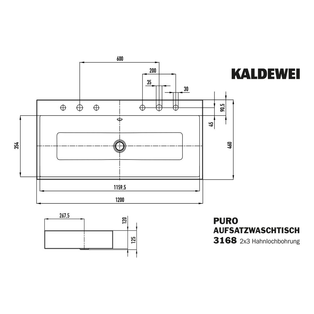 Kaldewei Aufsatz-Doppelwaschtisch Puro rechteckig 125x460x1200mm, Alpinweiß/Chro... KALDEWEI-907006053001 4055761054966 (Abb. 3)