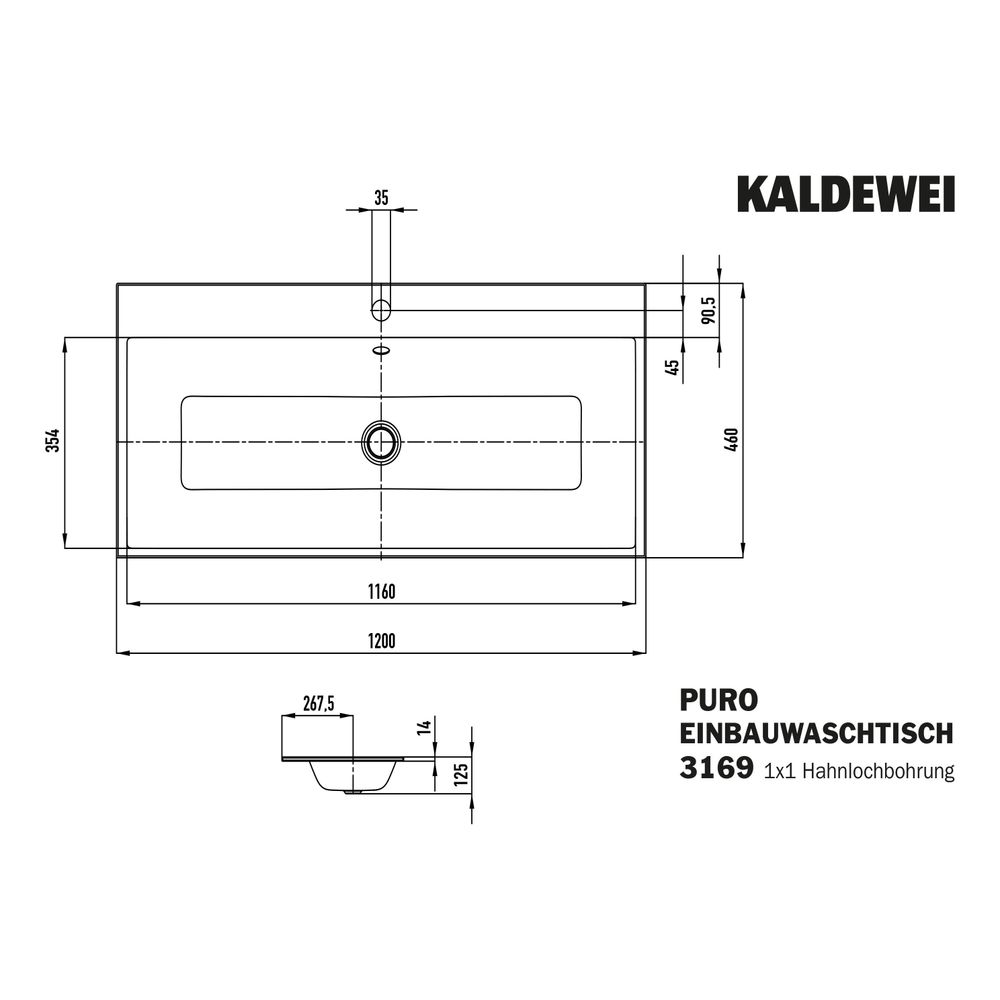 Kaldewei Einbauwaschtisch Puro rechteckig 125x460x1200mm, Cool Grey 30/Alpinweiß... KALDEWEI-907107193663 4063728491945 (Abb. 3)