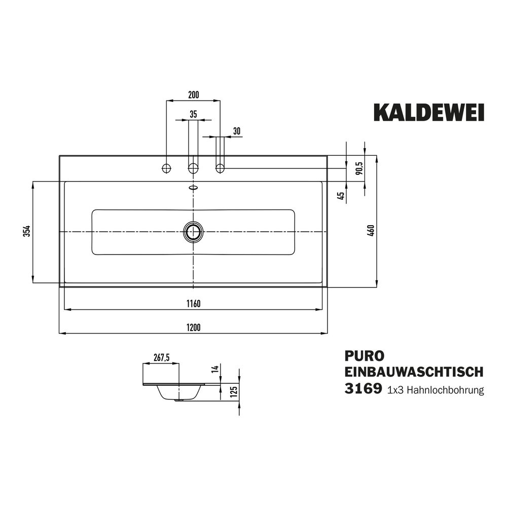 Kaldewei Einbauwaschtisch Puro rechteckig 125x460x1200mm, Cool Grey 70/Mattschwa... KALDEWEI-907107273665 4063728861243 (Abb. 3)