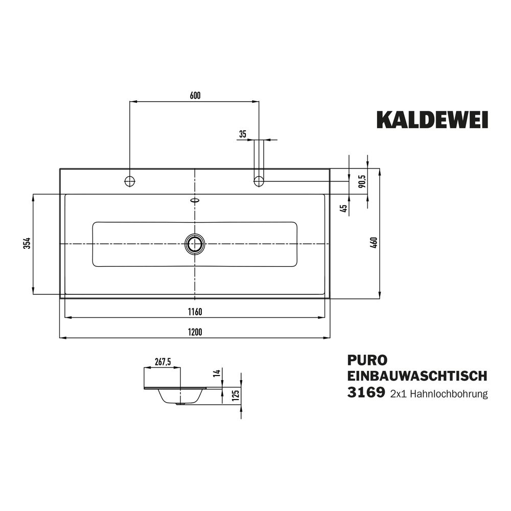 Kaldewei Einbau-Doppelwaschtisch Puro rechteckig 125x460x1200mm, Mattschwarz 100... KALDEWEI-907107283676 4063728865173 (Abb. 3)