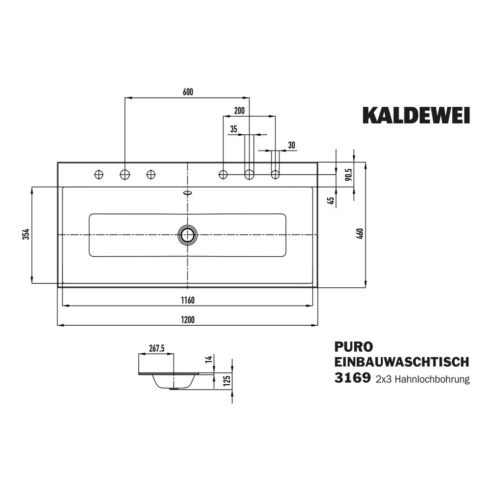 Kaldewei Einbau-Doppelwaschtisch Puro rechteckig 125x460x1200mm, Schwarz/Mattsch... KALDEWEI-907107293701 4063728865005 (Abb. 3)