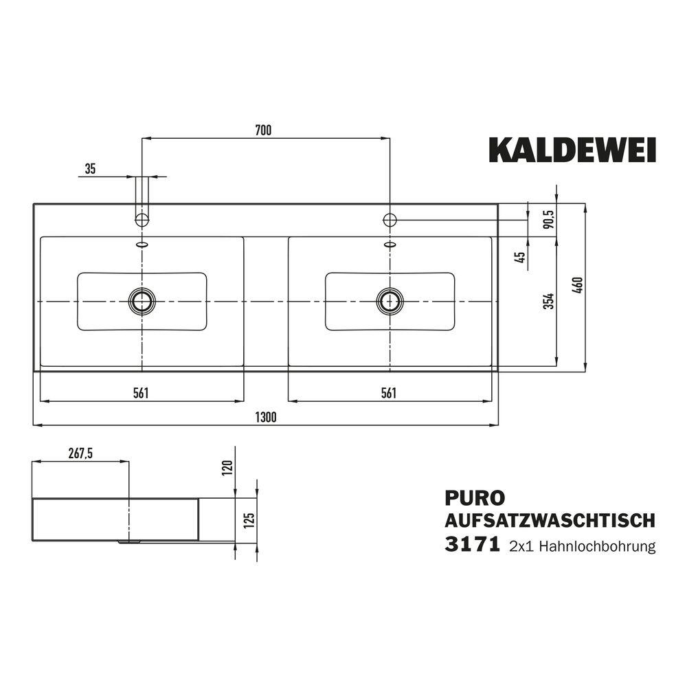 Kaldewei Aufsatz-Doppelwaschtisch Puro rechteckig 125x460x1300mm Rh. 120mm, Alpi... KALDEWEI-907207283001 4063728864510 (Abb. 3)