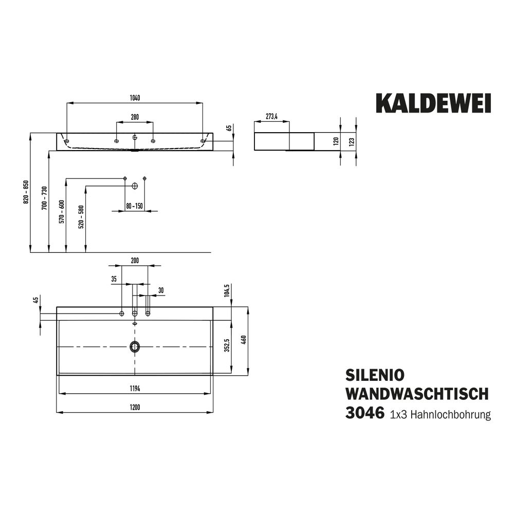 Kaldewei Wandwaschtisch Silenio rechteckig 123x460x1200mm, Alpinweiß/Chrom, 3 HL... KALDEWEI-904506033001 4055761012232 (Abb. 3)