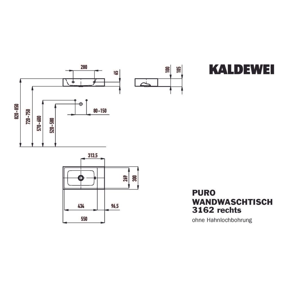 Kaldewei Wand-Handwaschtisch Puro rechteckig 105x300x550mm, Manhattan, 1 HL, ohn... KALDEWEI-901206303199 4063728107983 (Abb. 4)