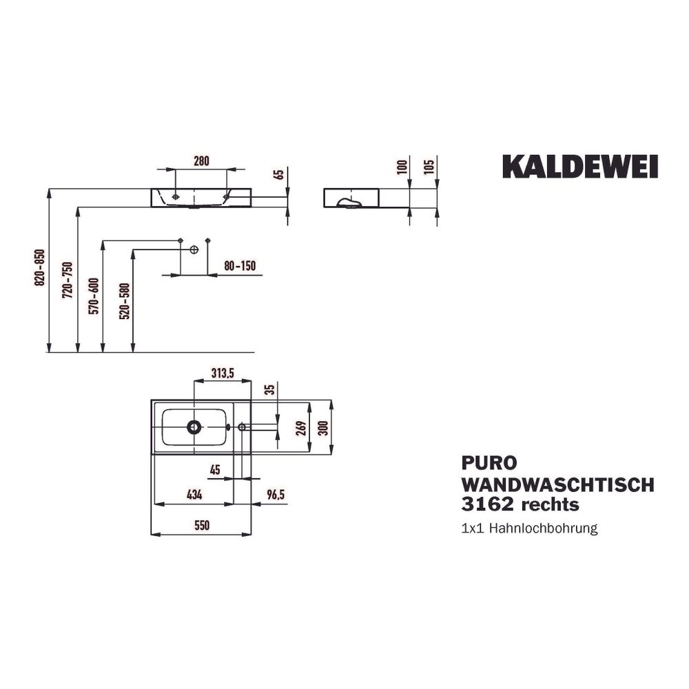 Kaldewei Wand-Handwaschtisch Puro rechteckig 105x300x550mm, Manhattan, 1 HL, ohn... KALDEWEI-901206303199 4063728107983 (Abb. 3)