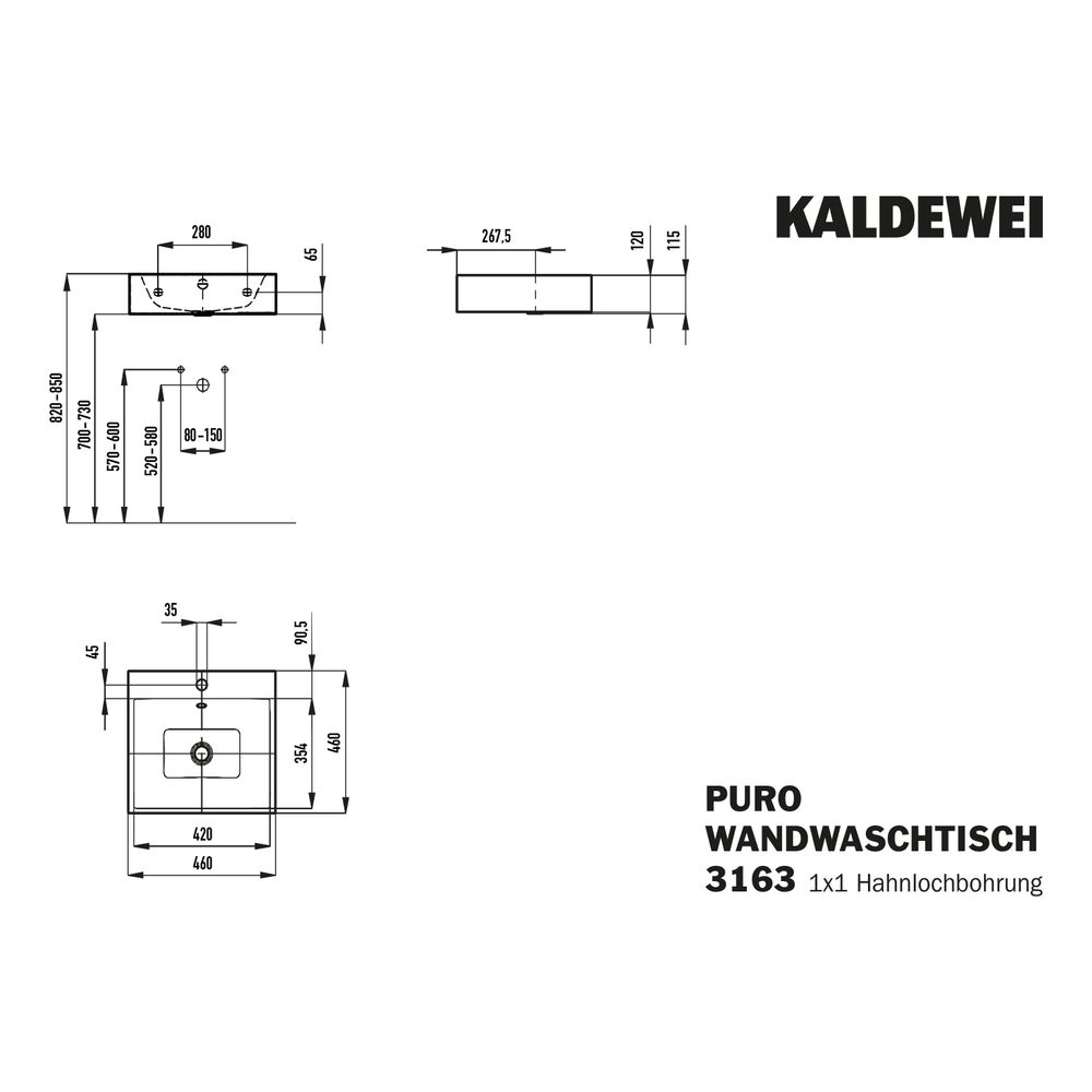 Kaldewei Wandwaschtisch Puro rechteckig 120x460x460mm, Manhattan/Chrom, 1 HL, mi... KALDEWEI-901306013199 4063728108232 (Abb. 3)