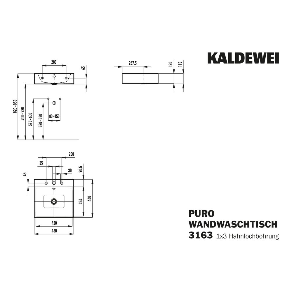 Kaldewei Wandwaschtisch Puro rechteckig 120x460x460mm, Alpinweiß/Chrom, 3 HL, mi... KALDEWEI-901306033001 4001112983010 (Abb. 3)