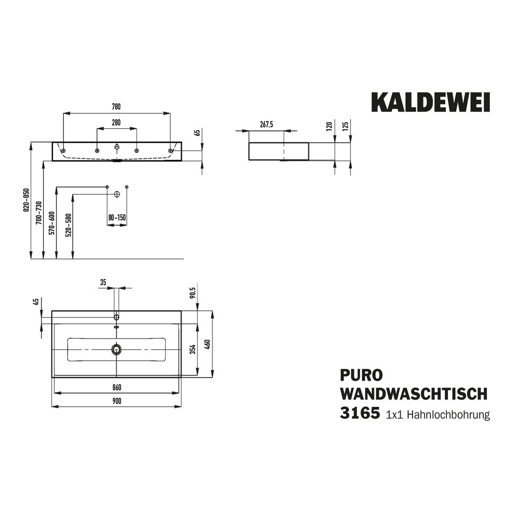 Kaldewei Wandwaschtisch Puro rechteckig 125x460x900mm, Warm Grey 10/Alpinweiß, 1... KALDEWEI-901507193668 4063728497275 (Abb. 3)