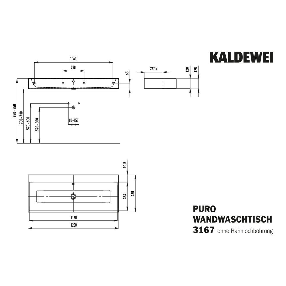 Kaldewei Wandwaschtisch Puro rechteckig 125x460x1200mm, Warm Grey 60/Chrom, ohne... KALDEWEI-906806003671 4063728100229 (Abb. 3)