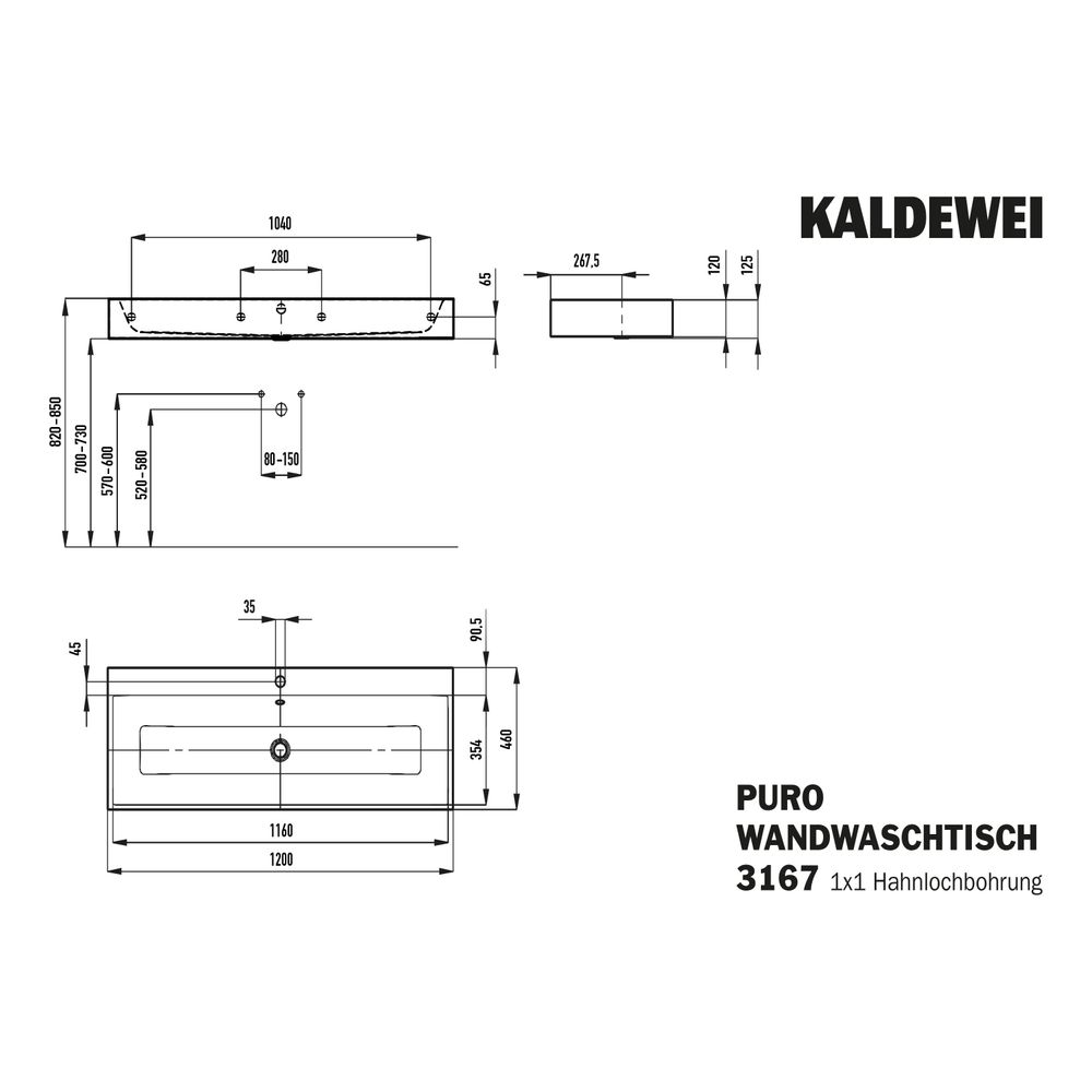 Kaldewei Wandwaschtisch Puro rechteckig 125x460x1200mm, Pergamon/Mattschwarz, 1 ... KALDEWEI-906807263231 4063728856768 (Abb. 3)
