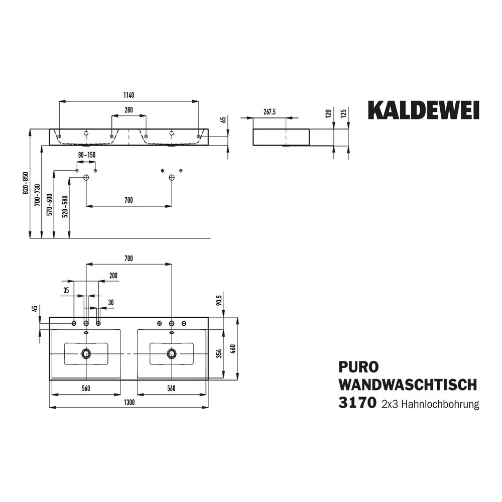 Kaldewei Wand-Doppelwaschtisch Puro rechteckig 125x460x1300mm, Alpinweiß/Alpinwe... KALDEWEI-906707223001 4063728495523 (Abb. 3)