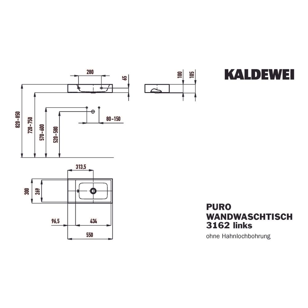 Kaldewei Wand-Handwaschtisch Puro rechteckig 105x300x550mm, Mattschwarz 100, lin... KALDEWEI-901206433676 4055761283038 (Abb. 4)
